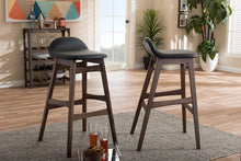 Load image into Gallery viewer, Baxton Studio Bloom Mid-century Retro Modern Scandinavian Style Black Faux Leather Upholstered Walnut Wood Finishing 30-Inches Bar Stool (Set of 2)