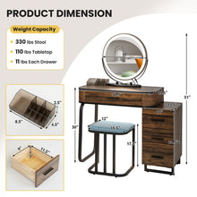 Load image into Gallery viewer, Vanity Table Set with 3-Color Lighted Mirror and Charging Station-Brown