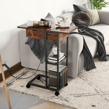 Load image into Gallery viewer, C-Shaped End Side Table with Charging Station and Wheels-Rustic Brown
