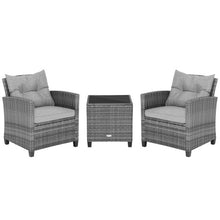 Load image into Gallery viewer, 3 Pieces Outdoor Wicker Conversation Set with Tempered Glass Tabletop-Gray
