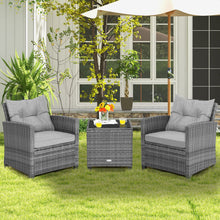 Load image into Gallery viewer, 3 Pieces Outdoor Wicker Conversation Set with Tempered Glass Tabletop-Gray