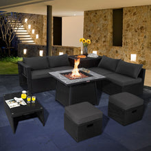 Load image into Gallery viewer, 9 Pieces Outdoor Wicker Sectional with 35 Inch Gas Fire Pit Table-Gray