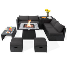 Load image into Gallery viewer, 9 Pieces Outdoor Wicker Sectional with 35 Inch Gas Fire Pit Table-Gray