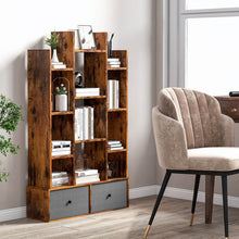 Load image into Gallery viewer, 12-Tier Open-Back Freestanding Bookshelf with Drawer-Rustic Brown