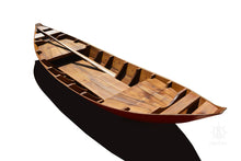 Load image into Gallery viewer, A flat-bottomed sampan boat with a red bottom and teal color, made of wood with visible wood grain and varnish.