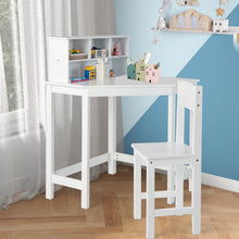 Load image into Gallery viewer, Kids Wooden Corner Desk and Chair Set with Hutch and Storage-White