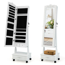 Load image into Gallery viewer, Rolling Floor Standing Mirrored Jewelry Armoire with Lock and Drawers-White