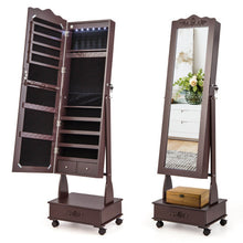 Load image into Gallery viewer, Rolling Floor Standing Mirrored Jewelry Armoire with Lock and Drawers-Brown