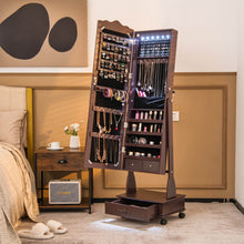Load image into Gallery viewer, Rolling Floor Standing Mirrored Jewelry Armoire with Lock and Drawers-Brown