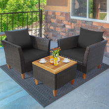 Load image into Gallery viewer, 3 Pieces Patio Rattan Bistro Furniture Set with Wooden Table Top-Black