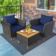 Load image into Gallery viewer, 3 Pieces Patio Rattan Bistro Furniture Set with Wooden Table Top-Navy
