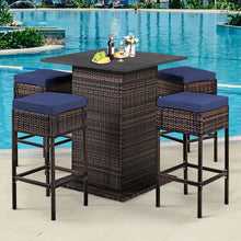 Load image into Gallery viewer, 5 Pieces Patio Rattan Bar Table Stool Set Hidden Storage Shelf Cushioned-Navy