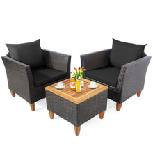 Load image into Gallery viewer, 3 Pieces Patio Rattan Bistro Furniture Set with Wooden Table Top-Black