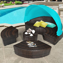 Load image into Gallery viewer, Patio Round Rattan Daybed with Retractable Canopy and Height Adjustable Coffee Table-Turquoise