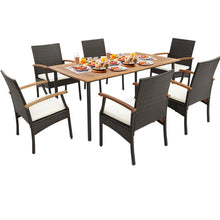 Load image into Gallery viewer, 7 Pieces Patio Wicker Cushioned Dining Set with Wood Armrest and Umbrella Hole
