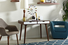 Load image into Gallery viewer, Baxton Studio Casarano Mid-century Modern Dark Walnut and White Two-tone Finish 2-drawer Wood Home Office Writing Desk