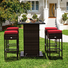 Load image into Gallery viewer, 5 Pieces Patio Rattan Bar Table Stool Set Hidden Storage Shelf Cushioned-Red