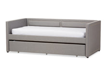 Load image into Gallery viewer, Baxton Studio Raymond Modern and Contemporary Grey Fabric Nail Heads Trimmed Sofa Twin Daybed with Roll-Out Trundle Guest Bed