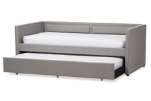 Load image into Gallery viewer, Baxton Studio Raymond Modern and Contemporary Grey Fabric Nail Heads Trimmed Sofa Twin Daybed with Roll-Out Trundle Guest Bed