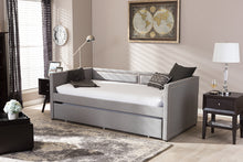 Load image into Gallery viewer, Baxton Studio Raymond Modern and Contemporary Grey Fabric Nail Heads Trimmed Sofa Twin Daybed with Roll-Out Trundle Guest Bed