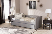 Load image into Gallery viewer, Baxton Studio Raymond Modern and Contemporary Grey Fabric Nail Heads Trimmed Sofa Twin Daybed with Roll-Out Trundle Guest Bed