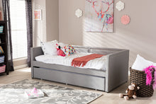 Load image into Gallery viewer, Baxton Studio Raymond Modern and Contemporary Grey Fabric Nail Heads Trimmed Sofa Twin Daybed with Roll-Out Trundle Guest Bed