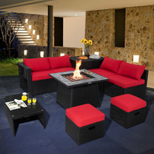 Load image into Gallery viewer, 9 Pieces Outdoor Wicker Sectional with 35 Inch Gas Fire Pit Table-Red