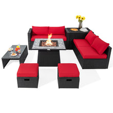 Load image into Gallery viewer, 9 Pieces Outdoor Wicker Sectional with 35 Inch Gas Fire Pit Table-Red