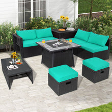 Load image into Gallery viewer, 9 Pieces Outdoor Wicker Sectional with 35 Inch Gas Fire Pit Table-Turquoise