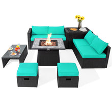 Load image into Gallery viewer, 9 Pieces Outdoor Wicker Sectional with 35 Inch Gas Fire Pit Table-Turquoise