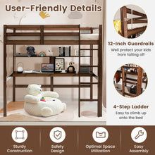 Load image into Gallery viewer, Twin Size Solid Wood Slatted Loft Bed Frame with Safety Guardrail for Kid-Brown