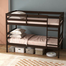 Load image into Gallery viewer, Solid Wood Twin Over Twin Bunk Bed Frame with High Guardrails and Integrated Ladder-Espresso