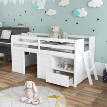 Load image into Gallery viewer, Twin Size Solid Wood Low Loft Bed with Storage and Drawer-White