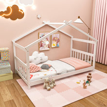 Load image into Gallery viewer, Twin Size Wooden House Bed with Roof-White