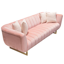 Load image into Gallery viewer, Venus Sofa in Blush Pink Velvet w/ Contrasting Pillows & Gold Finished Metal Base by Diamond Sofa