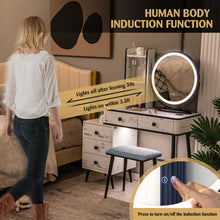 Load image into Gallery viewer, Vanity Table Set with 3-Color Lighted Mirror and Cushioned Stool-White