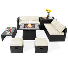 Load image into Gallery viewer, 9 Pieces Outdoor Wicker Sectional with 35 Inch Gas Fire Pit Table-White