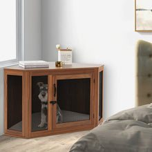 Load image into Gallery viewer, Corner Dog Kennel with Mesh Door and Cushion-Brown