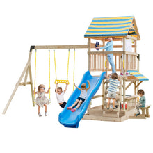Load image into Gallery viewer, Wooden Swing Set with Large Upper Deck Slide and Steering Wheel