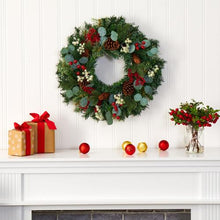Load image into Gallery viewer, 24" Eucalyptus and Pine Artificial Wreath with Berries and Pine Cones