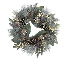 Load image into Gallery viewer, 24" Snow Tipped Holiday Artificial Wreath with Berries, Pine Cones and Ornaments