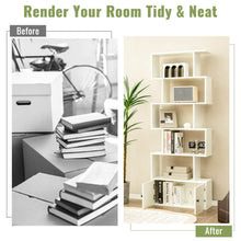Load image into Gallery viewer, 6-Tier S-Shaped Freestanding Bookshelf with Cabinet and Doors-White