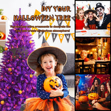 Load image into Gallery viewer, Artificial Prelit Purple Halloween Tree with Orange Lights and Pumpkin Ornaments-6'