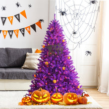 Load image into Gallery viewer, Artificial Prelit Purple Halloween Tree with Orange Lights and Pumpkin Ornaments-6'