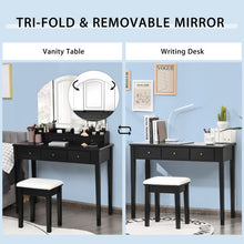 Load image into Gallery viewer, Vanity Table Stool Set with Large Tri-folding Lighted Mirror-Black