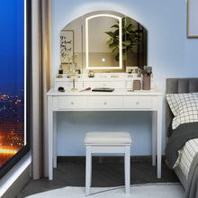 Load image into Gallery viewer, Vanity Table Stool Set with Large Tri-folding Lighted Mirror-White