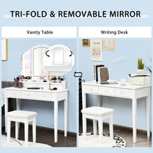 Load image into Gallery viewer, Vanity Table Stool Set with Large Tri-folding Lighted Mirror-White