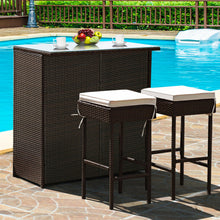 Load image into Gallery viewer, 3-piece Rattan Wicker Bar Table Stools Dining Set Cushioned Chairs
