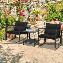 Load image into Gallery viewer, 3 Pieces Cushioned Patio Rattan Set with Rocking Chair and Table-Black