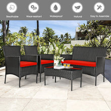 Load image into Gallery viewer, 4 Pcs Patio Rattan Cushioned Sofa Furniture Set with Tempered Glass Coffee Table-Red